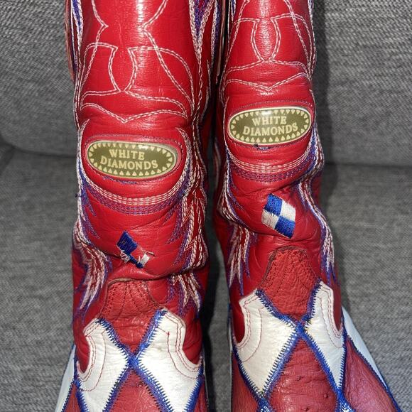 White Diamonds Men 8 Cowboy Boot Ostrich Pointed USA Red White Blue Argyle Joker - Picture 5 of 16